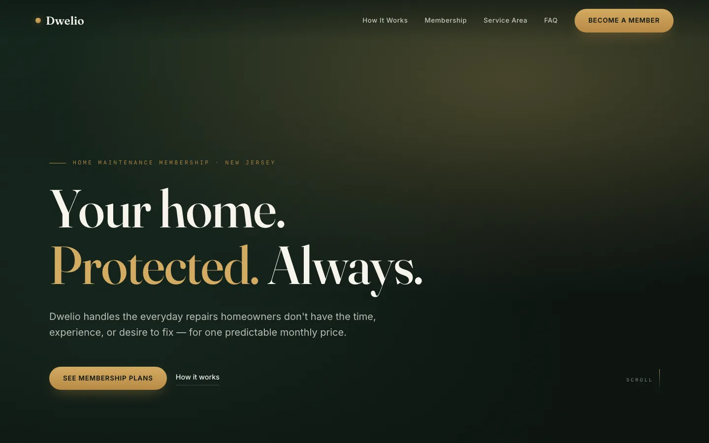 Dwelio website — cinematic landing page for a subscription home care company