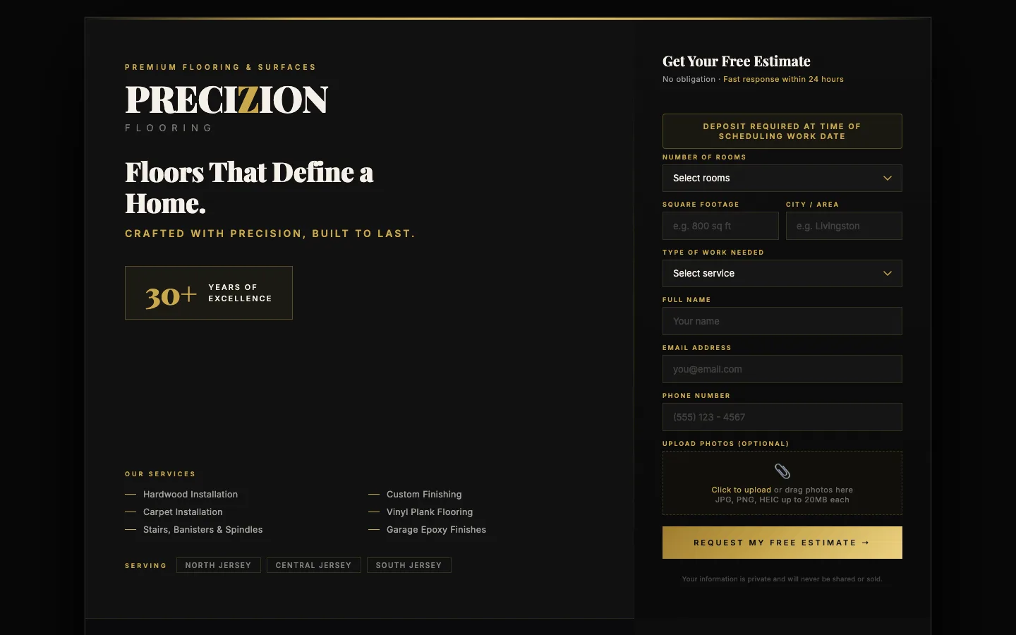 Precizion Flooring website — lead-generation site for a hardwood flooring contractor